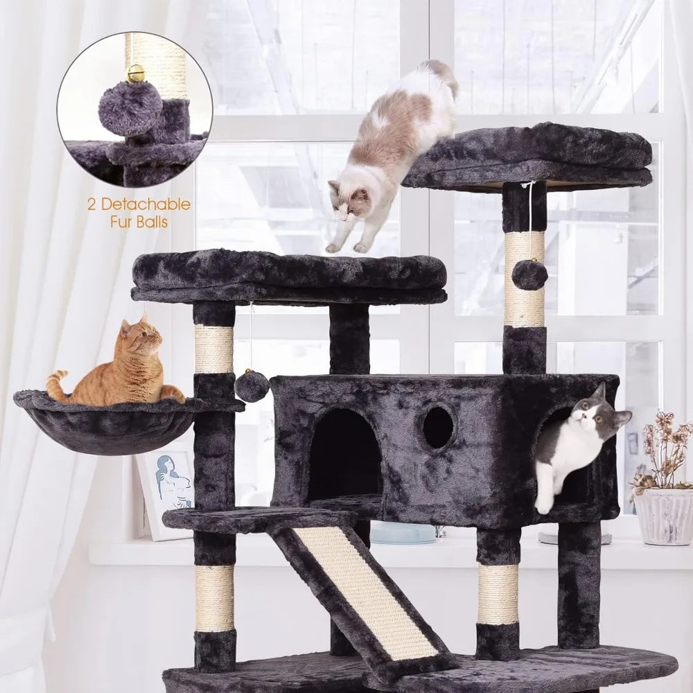 Cat Tree Cat Tower 70.1 in, Multi Level Cat Scratching Post with Condos, Ladders, Basket, Hammock & Plush Perches for Kittens,