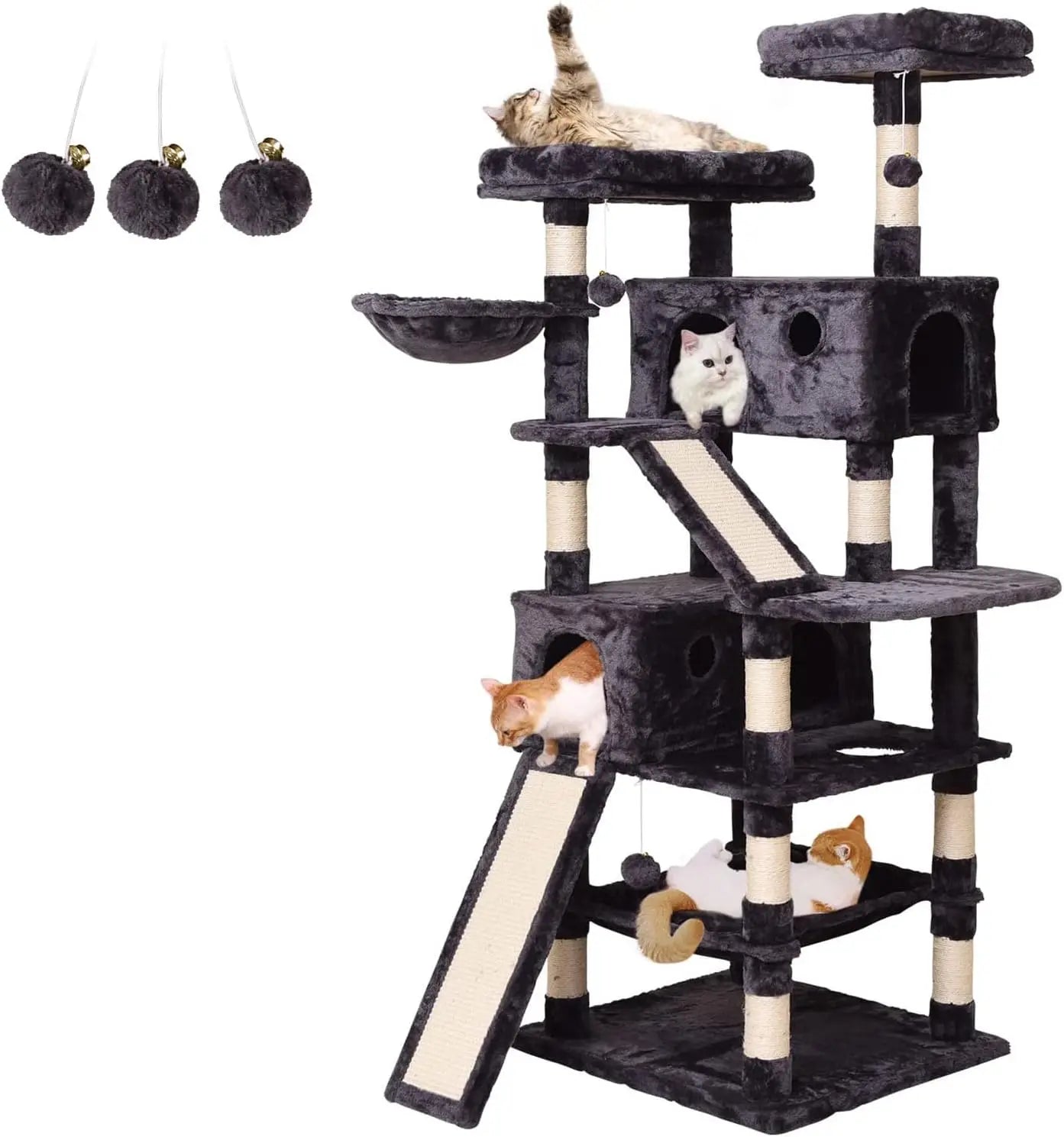 Cat Tree Cat Tower 70.1 in, Multi Level Cat Scratching Post with Condos, Ladders, Basket, Hammock & Plush Perches for Kittens,