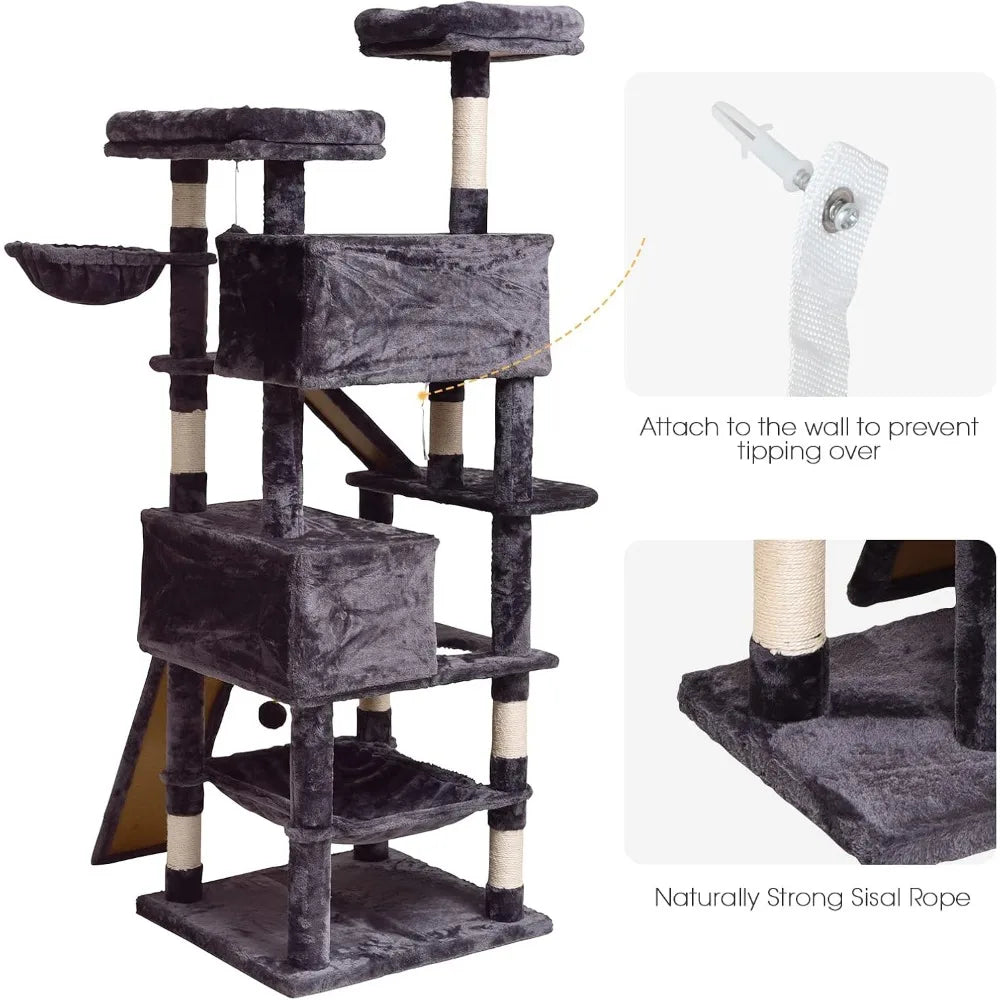 Cat Tree Cat Tower 70.1 in, Multi Level Cat Scratching Post with Condos, Ladders, Basket, Hammock & Plush Perches for Kittens,