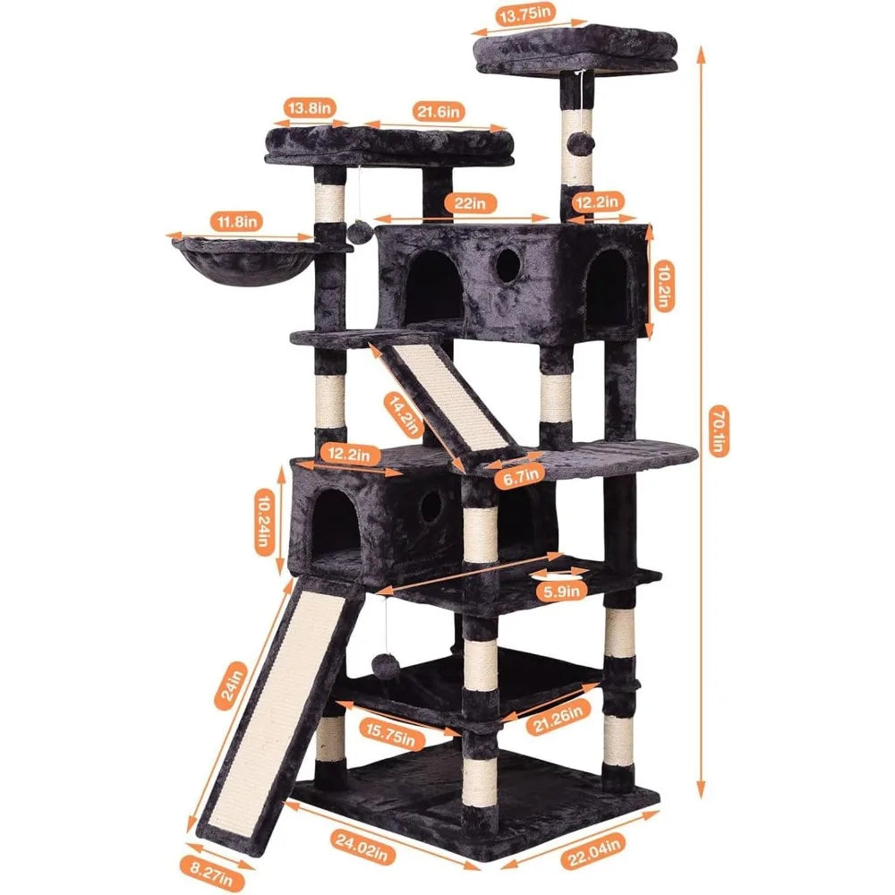 Cat Tree Cat Tower 70.1 in, Multi Level Cat Scratching Post with Condos, Ladders, Basket, Hammock & Plush Perches for Kittens,