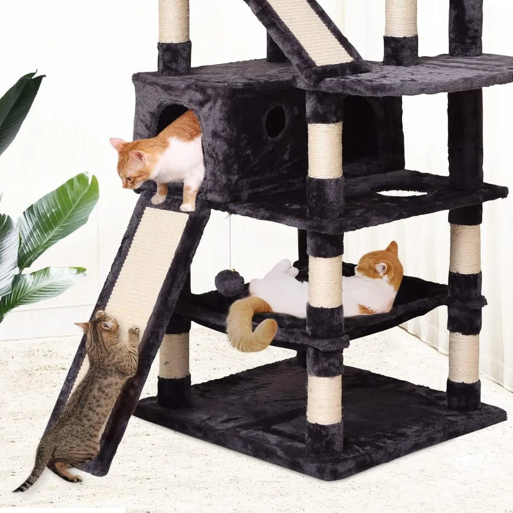 Cat Tree Cat Tower 70.1 in, Multi Level Cat Scratching Post with Condos, Ladders, Basket, Hammock & Plush Perches for Kittens,