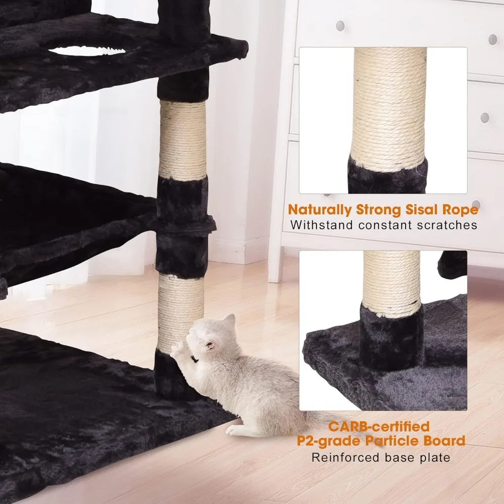 Cat Tree Cat Tower 70.1 in, Multi Level Cat Scratching Post with Condos, Ladders, Basket, Hammock & Plush Perches for Kittens,
